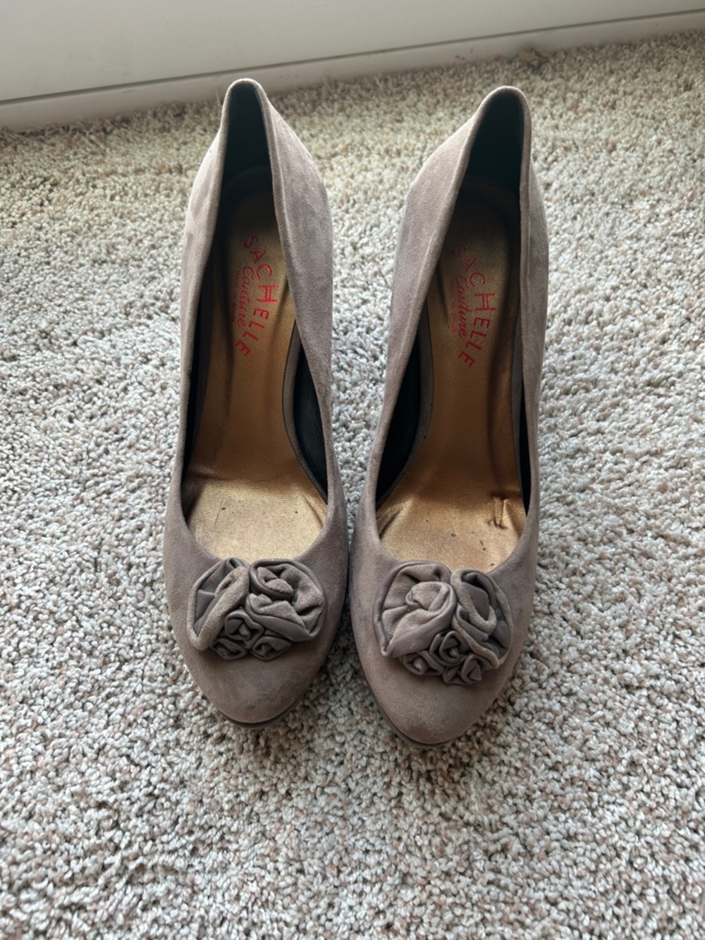 Seychelles Taupe Suede Floral Rosette Pumps